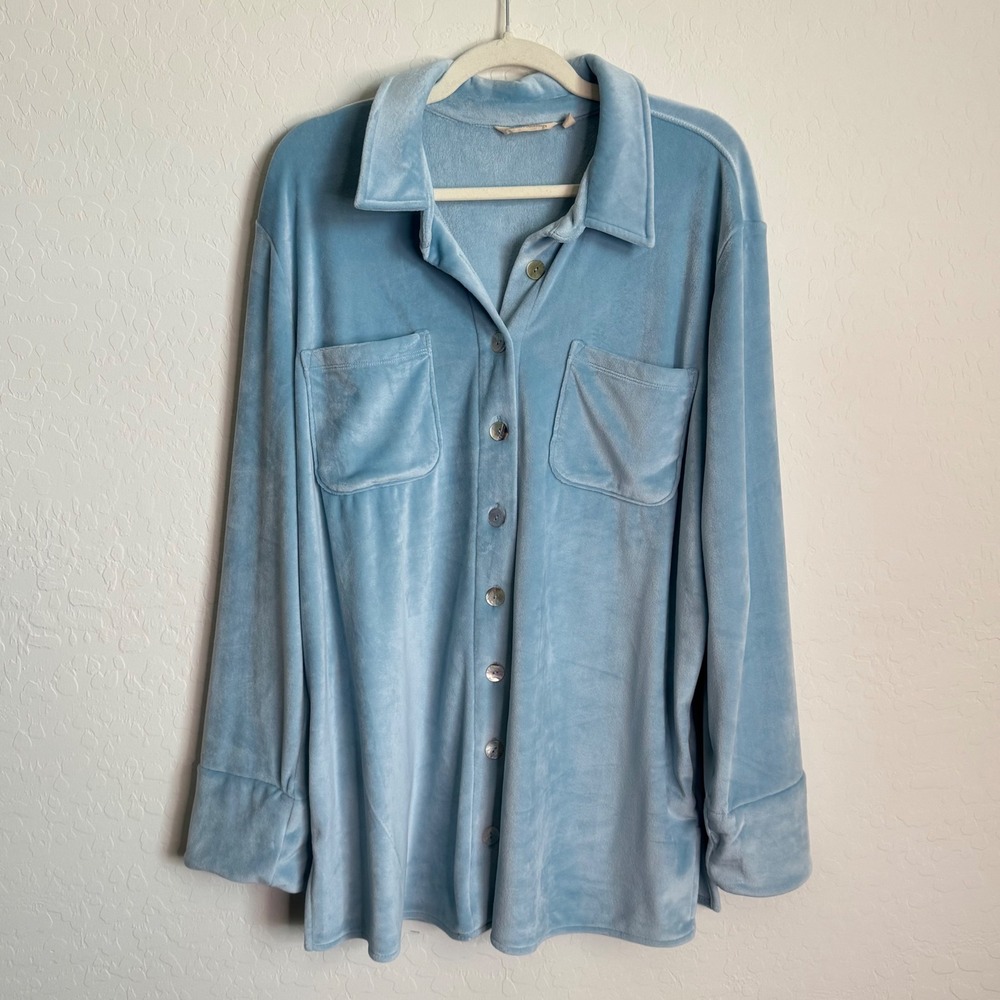 Soft Surroundings Light Blue Velour Button Down Shirt XL Shacket Relaxed Pastel‎